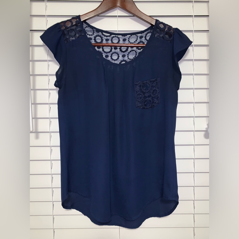 Navy Blue Lace Accent Women's Top